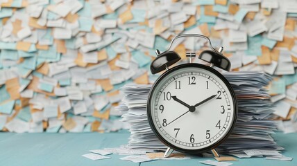 Close-up of a clock face obscured by overlapping official forms and stamps, time buried under bureaucracy, clock, bureaucracy