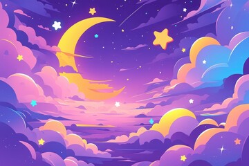 Obraz premium A whimsical night sky filled with stars, a crescent moon, and vibrant clouds, perfect for dreams and imagination.