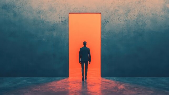 Person walking through an open door into a bright future, symbolizing new beginnings