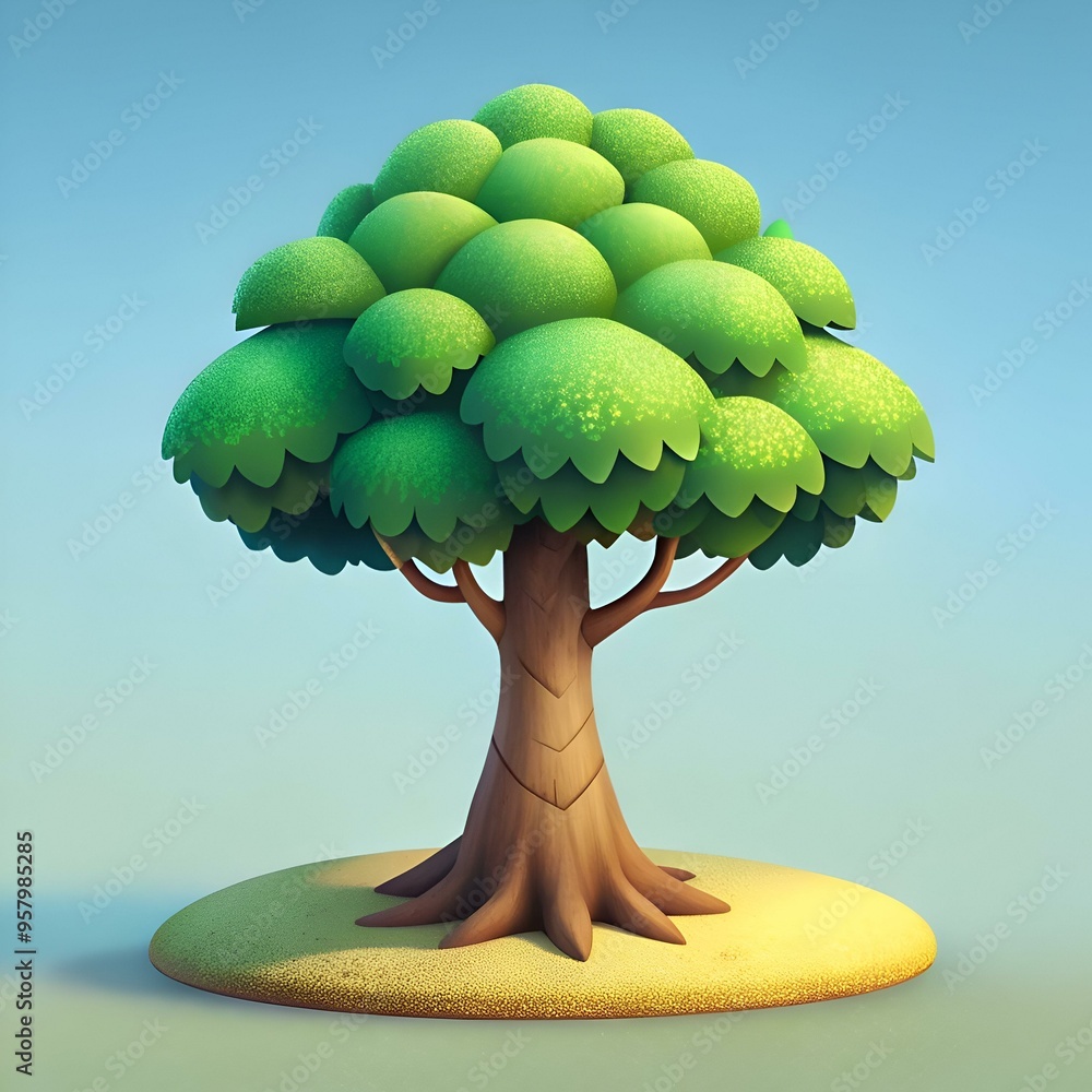 Poster a charming 3d illustration of a stylized tree with a rounded canopy and a textured trunk.