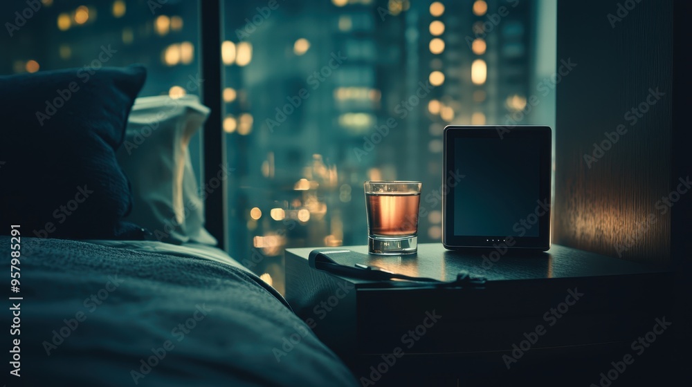 Poster minimalist nightstand with empty digital photo frame in soft ambient lighting