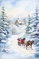 A Christmas watercolor scene with a horse-drawn sleigh ride through a snowy landscape