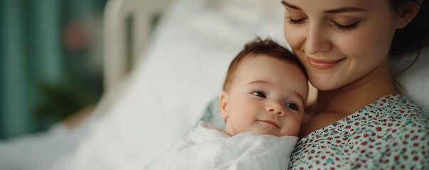 Mother and newborn in a hospital bed, medical staff adjusting equipment, capturing the fresh birth moment, newborn baby, birth, medical