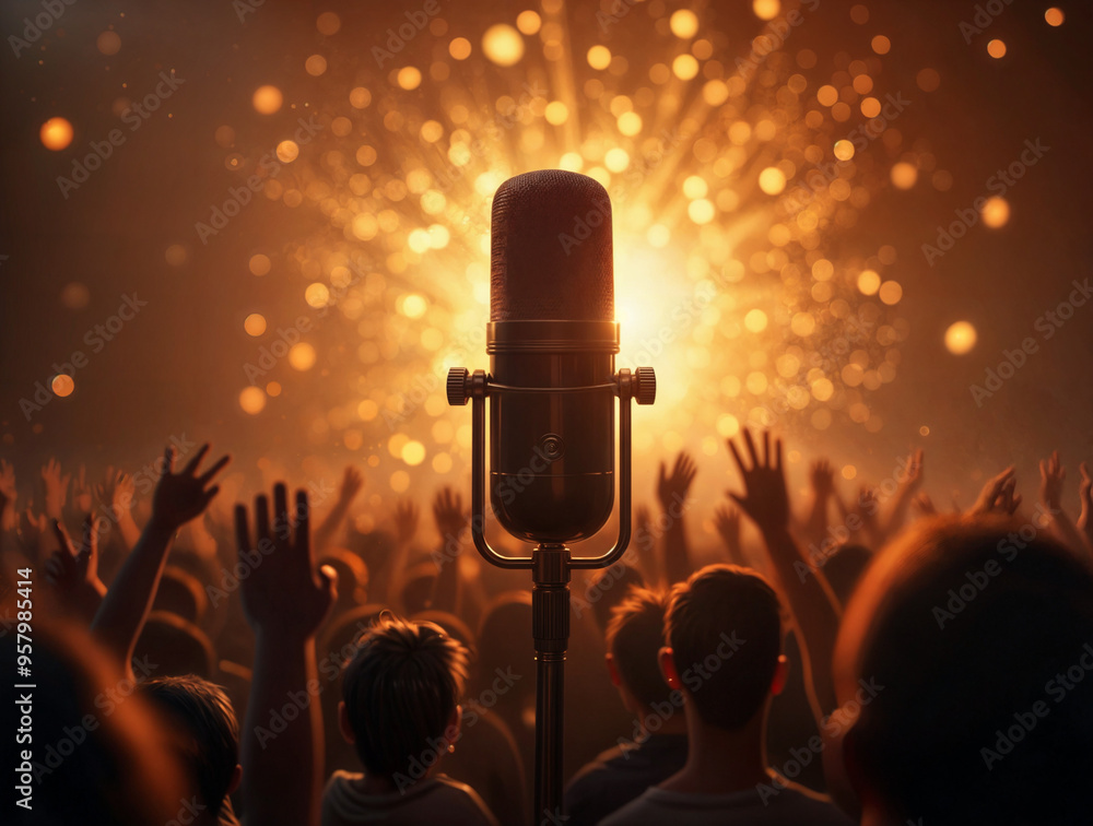 Poster microphone against the backdrop of a crowd and fireworks. generative ai