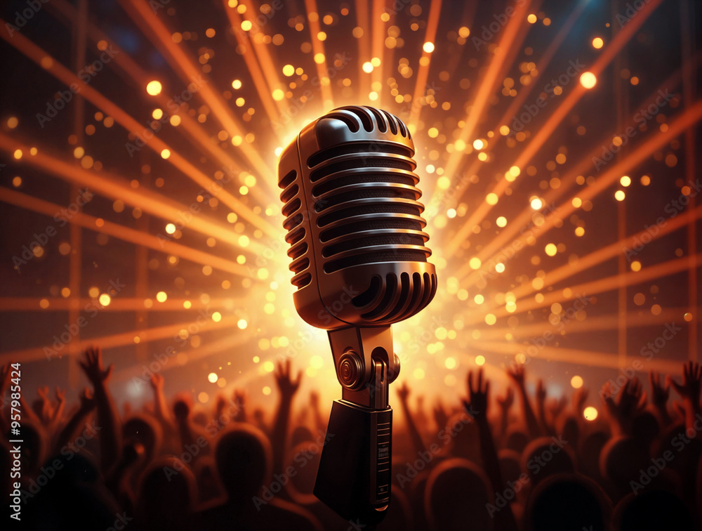Poster microphone against the backdrop of a crowd and fireworks. generative ai