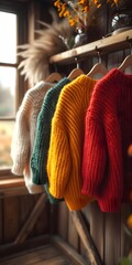 A hanger on Plain beige wall with few autumn wool sweaters in fall colors, fashion blog, banner style, copy space
