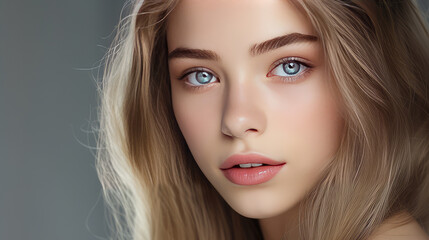 Fototapeta premium Portrait of a serious aggressive teenage girl with perfect skin, silver background, banner.