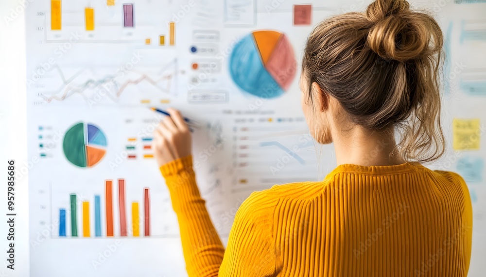 Aufkleber woman analyzing data on whiteboard with colorful charts and graphs