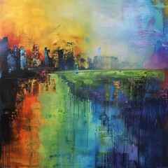 Vibrant abstract painting of cityscape reflected on water, blending colorful hues of blue, green, yellow, and orange. Modern art print.