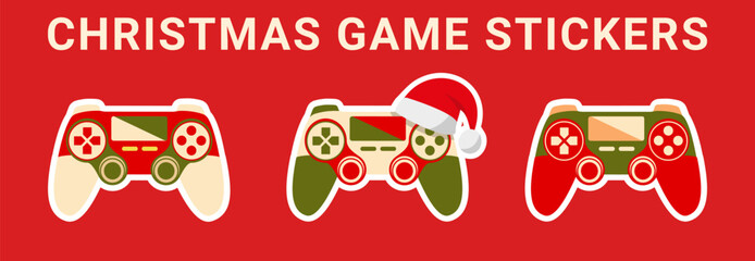 Christmas gamepad sticker set. Joystick in New Year's colors. Gingerbread game controller with red santa hat. Vector illustration