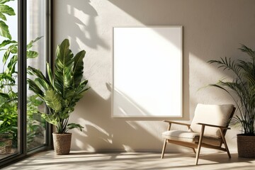 Poster Frame in Beige minimalist living room interior created with generative AI