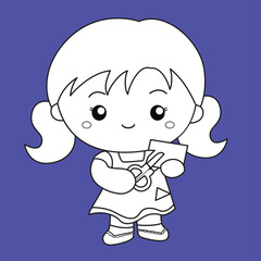 Kids Activity Girl Crafting Art School Cartoon Digital Stamp Outline