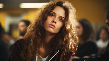 Fototapeta premium Education And Learning Concept. Portrait of tired and bored student sitting at desk