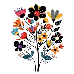 Colorful whimsical floral illustration featuring various flowers with vibrant hues and intricate patterns on a white background.