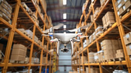 Aerial perspective of drones in warehouse highlighting cutting edge inventory management technology