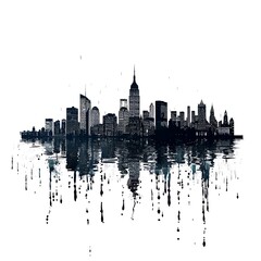 Fototapeta premium Artistic black and white city skyline silhouette with drippy watercolor effect, reflecting in water against white background.