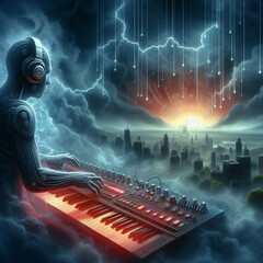A robot musician, wearing headphones, plays an illuminated synthesizer amid stormy clouds and digital rain descending over a distant futuristic city. The scene blends electrifying digital elements 