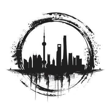 recommend clip art: Abstract black and white silhouette of city skyline within a circular brush stroke design, highlighting urban architectural elements.