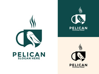 Warm Drink with Pelican logo design template, Creative Cafe, Restaurant beach logo vector