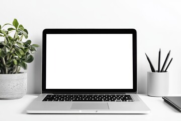 Laptop pc mock up template design on office workplace desk