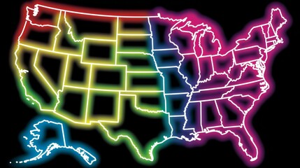 Vibrant neon colored map of the united states for enhanced visibility and clear identification