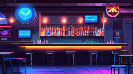 Obraz premium The interior of the modern pub is sleek and inviting, bathed in the warm, ambient glow of low lighting. Polished wooden floors and minimalist furnishings create a sophisticated atmosphere, while the b