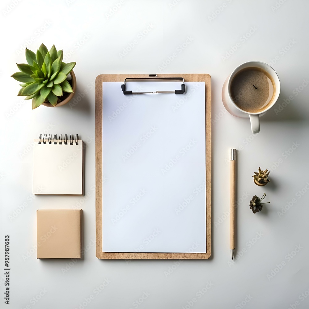 Poster clean and minimalist workspace with a clipboard. notepad. pen. succulent. and coffee.