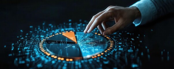 A businessman touching a virtual pie chart of time and money, symbolizing efficient resource allocation in business planning