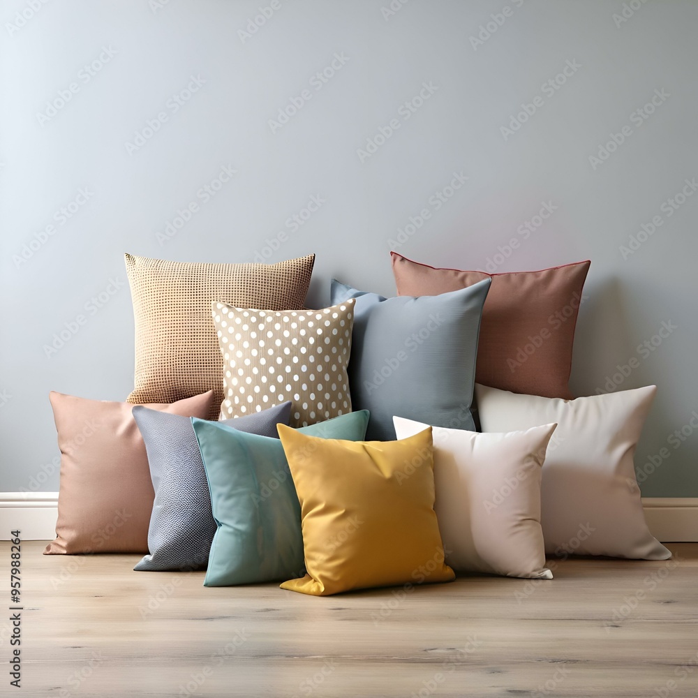 Poster a cozy and inviting arrangement of various patterned pillows in a warm and inviting color palette.