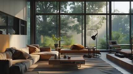 A sleek, modern family room with large windows, minimalist furniture, and a cozy seating area bathed in natural light