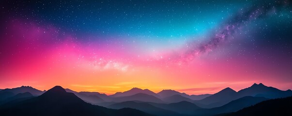 Breathtaking mountain landscape at twilight, featuring vibrant skies filled with stars and colorful hues of pink and blue.