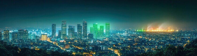 Fototapeta premium A city skyline illuminated by green lights, with carbon emissions fading in the distance, symbolizing the transition to clean energy