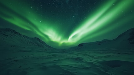Fototapeta premium Pulsating Aurora, a green light pulsing slowly in the night sky, forming a shimmering light pattern over a vast expanse of snow, Ai generated images