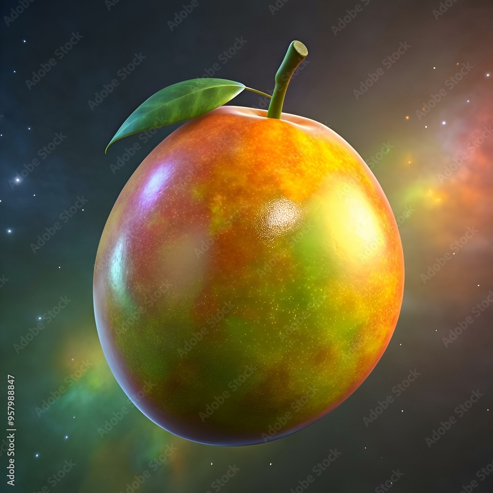 Aufkleber a vibrant 3d rendering of a juicy mango floating in a cosmic space setting.