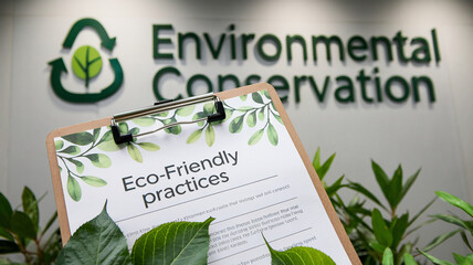 Eco-friendly practices document with greenery in foreground, promoting environmental conservation and sustainable actions.