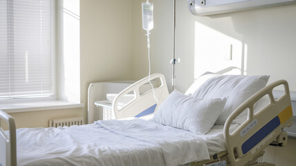 Empty hospital bed in a bright and clean healthcare facility room, with an IV drip stand next to it.