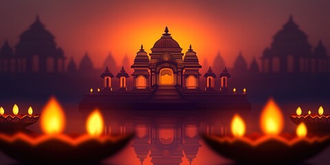 Serene Diwali Banner with Paper-Cut Hindu Temple Silhouette and Glowing Paper Diyas