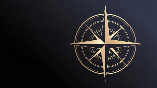 Elegant gold compass rose on a dark background symbolizing navigation, direction, and exploration. Perfect for travel and adventure themes.