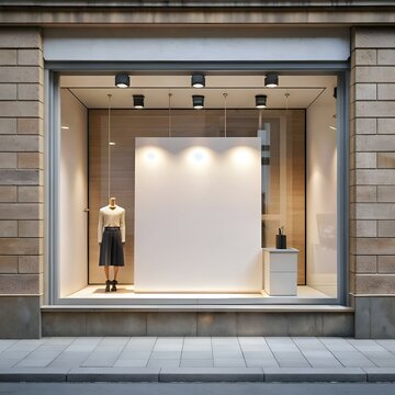 Blank storefront window with a mannequin and a white sign. ready for your design.