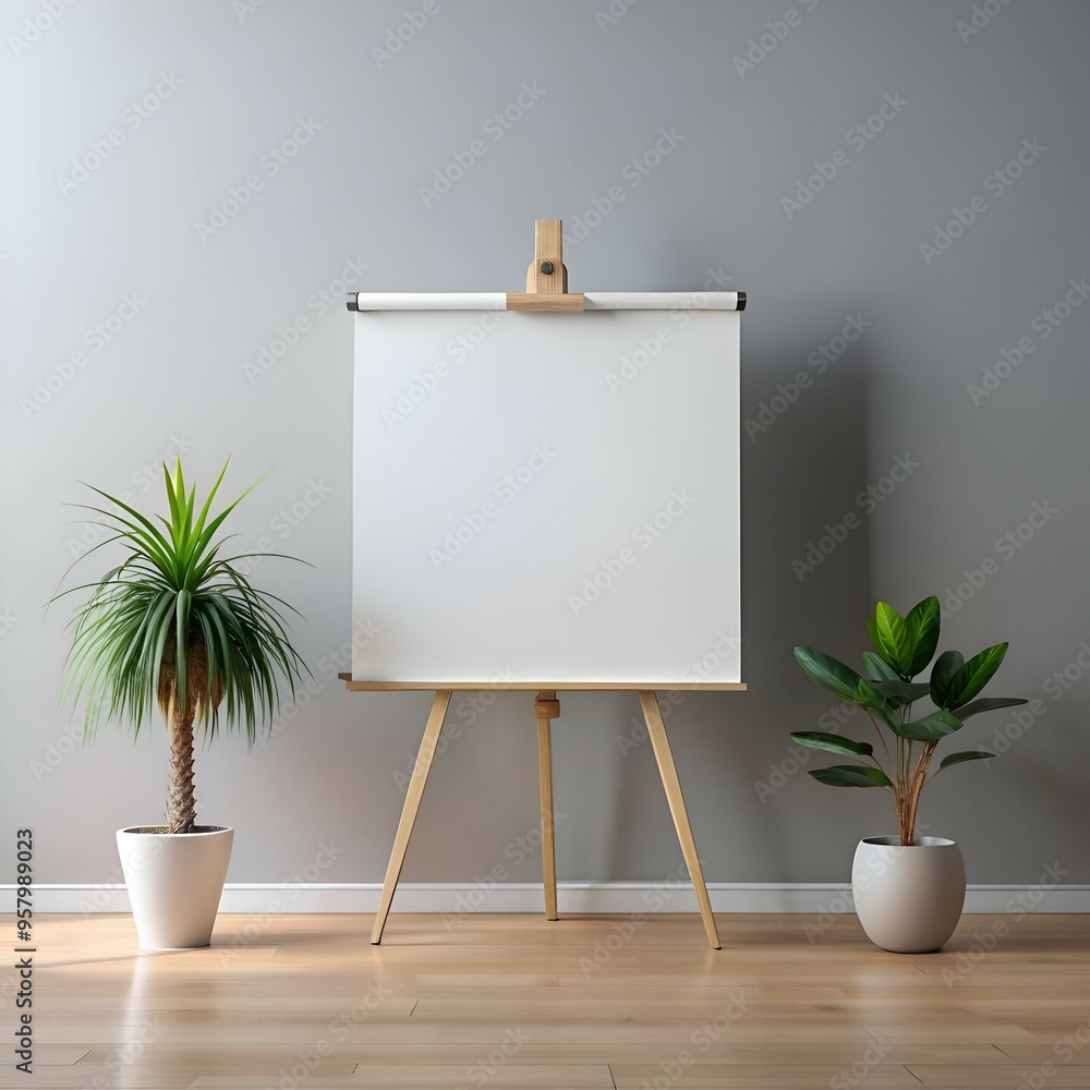 Poster a simple yet elegant presentation mockup featuring a blank canvas on an easel. perfect for showcasin