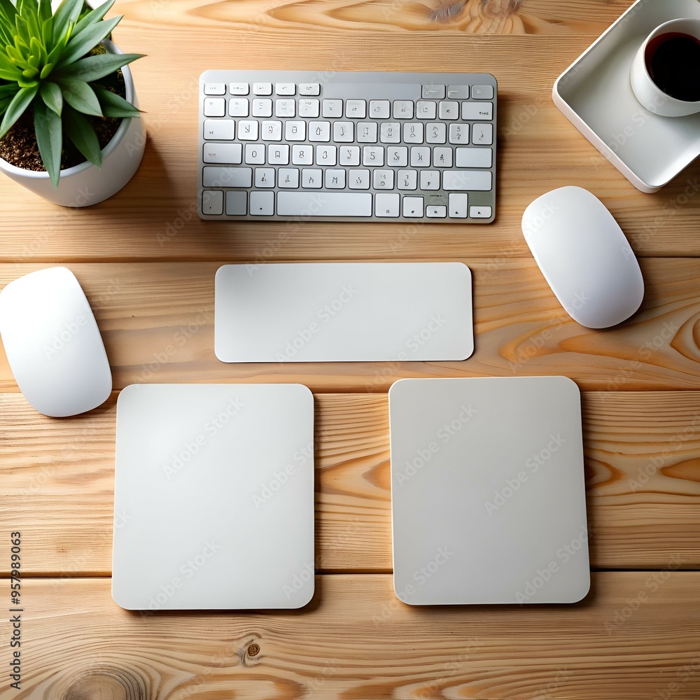 Poster clean and minimalist flat lay of a workspace with a keyboard. mouse. plant. and coffee cup. perfect 