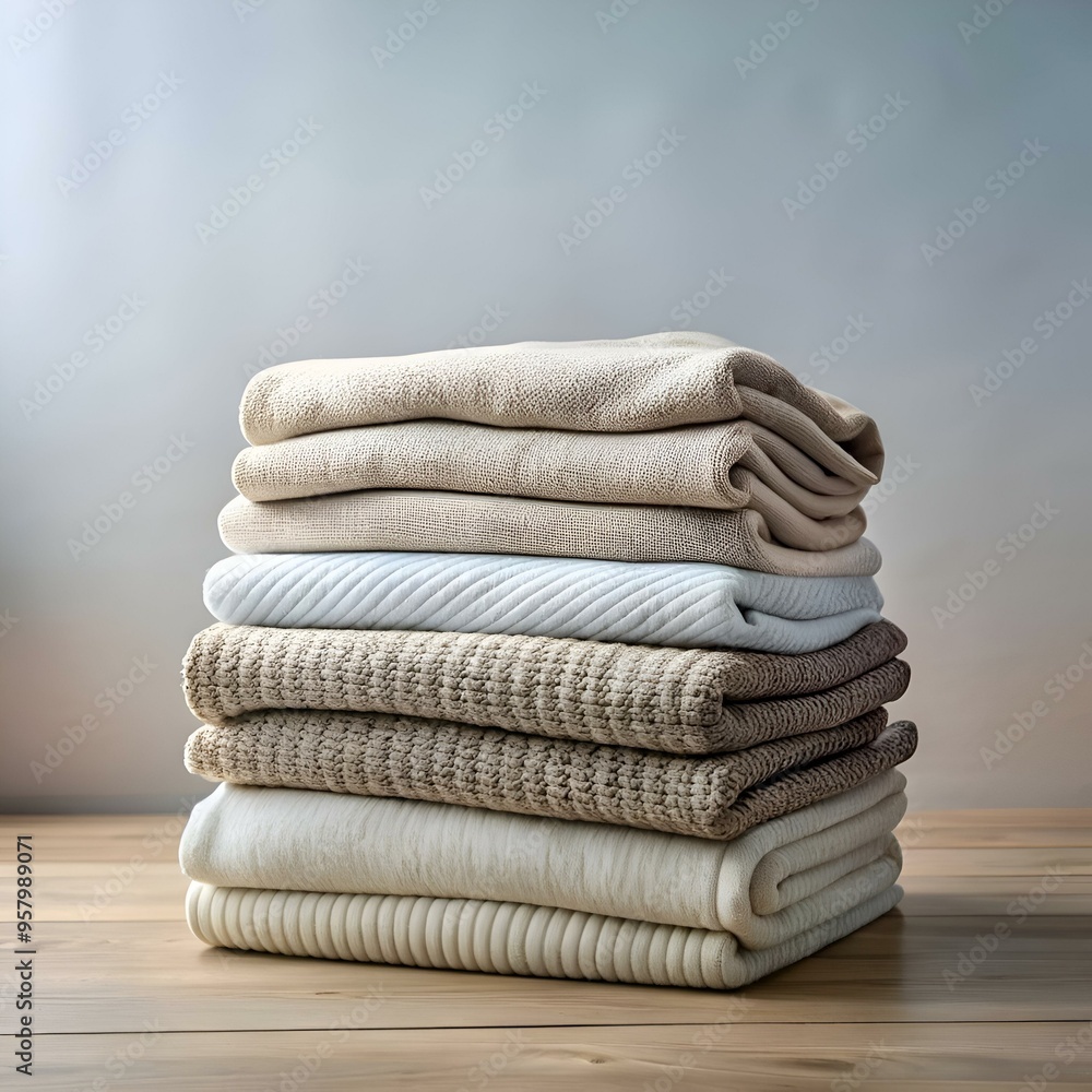 Poster a neat stack of folded blankets in neutral colors creates a cozy and inviting image perfect for home
