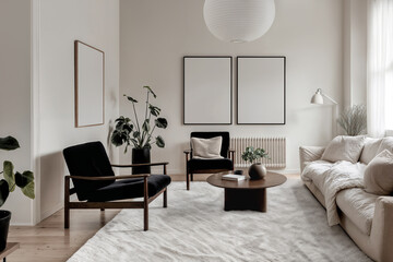 Din A ratio of blanks on white trendy background in scandinavian style. Poster frame mock up, black armchair in elegant living room interior, coffee table, plants. Three empty mockups in black frames