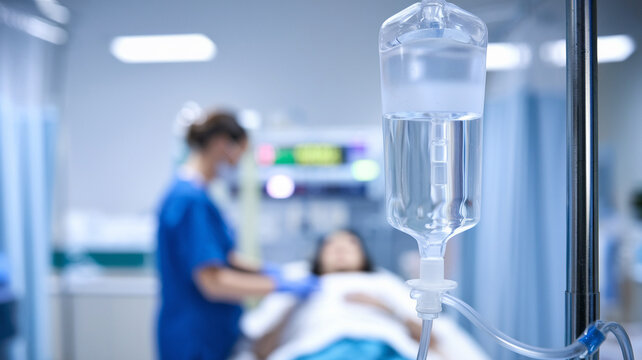 Medical professional attending to patient in hospital bed with IV drip in focus, representing healthcare and medical treatment.