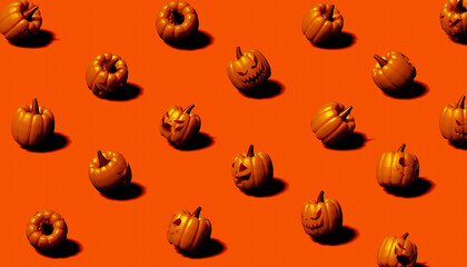 Pumpkins on orange background. Pattern for cafe, menu, restaurant. 3d template background. Halloween. 3d render.