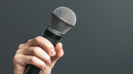 Man&rsquo;s hand holding a microphone on a blue background.