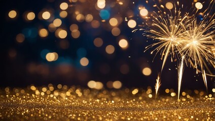 Obraz premium Abstract gold glitter background with fireworks. christmas eve, new year