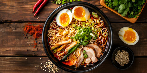 a close-up of a bowl of noodles with vegetables, including tomatoes and cucumbers, and a fried egg on top.