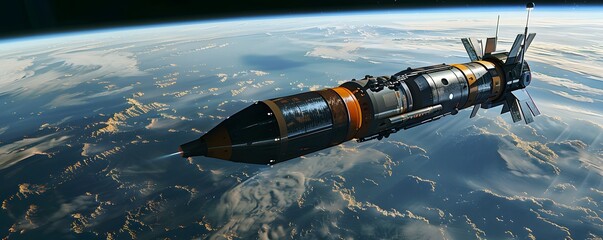 Obraz premium A futuristic spacecraft or satellite orbiting Earth, showcasing advanced technology, space exploration, and the vast universe backdrop.