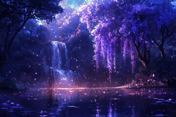 Enchanting fantasy landscape with glowing waterfalls, blooming purple wisteria trees, and magical fireflies